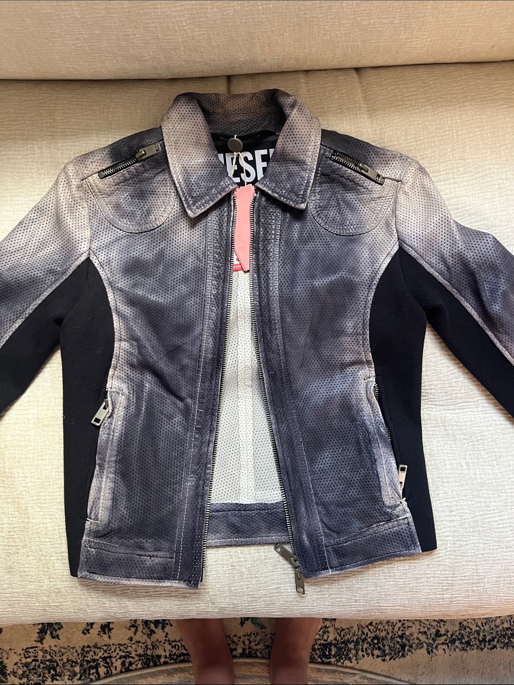 Diesel Perforated Gray & Black Moto Jacket - Picture 2 of 8